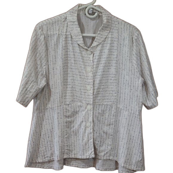 Studio 90 White Button Up Short Sleeve Geometric Print Top LG - Picture 1 of 9